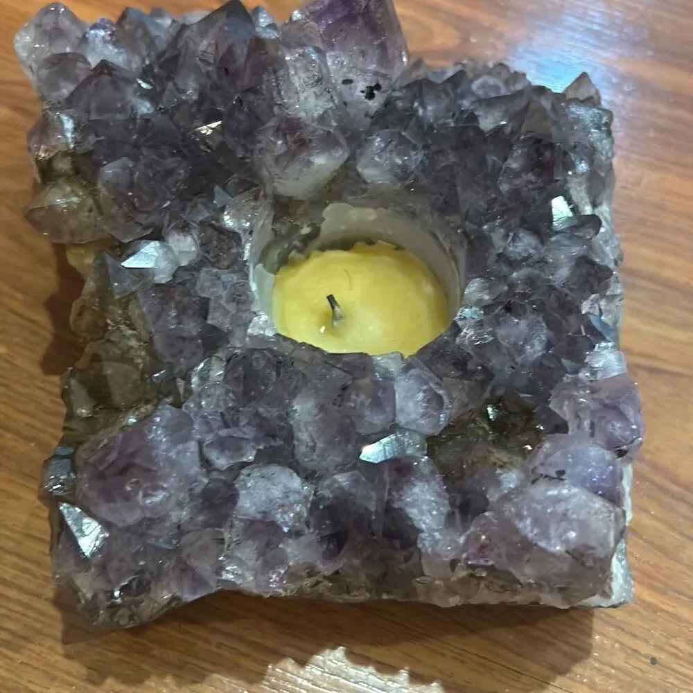 Large amethyst tea light candle holder purple gemstone